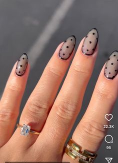 Sheer Black Polka Dot Nails, Navy Polka Dot Nails, Nail Ideas Polka Dots, Minimal Dot Nails, Sheer Polka Dot Nails, Pokadot Nails Fall, Nails For All Black Outfit, Fall Dot Nails, Black Nails With Polka Dots