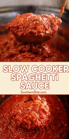 slow cooker spaghetti sauce is being spooned into a pot with the words slow cooker spaghetti sauce on it