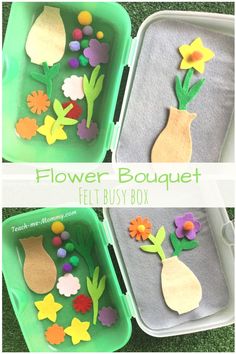 the flower bouquet is made out of felt and paper flowers are in plastic bins