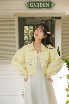 Wildflower Embroidered Cropped Jacket (Yellow) Yellow Cotton Summer Outerwear, Embroidered Cream Outerwear For Spring, Yellow Cotton Outerwear For Summer, Yellow Embroidered Spring Outerwear, Spring Yellow Embroidered Outerwear, Embroidered Yellow Outerwear For Spring, Fall Yellow Embroidered Outerwear, Embroidered Yellow Outerwear For Fall, Yellow Embroidered Outerwear For Fall