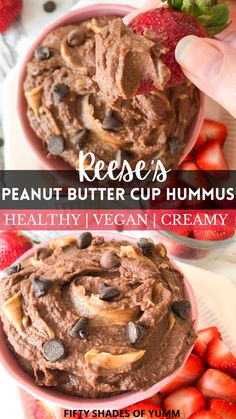 Dark chocolate and peanut butter hummus with strawberries and chocolate chips on top Vegan Dessert Hummus, Chocolate Peanut Butter Hummus, Homemade Dessert Hummus, Hummus Dessert Recipes, Desert Hummus Recipe, Chocolate Hummus Snacks, Healthy Dessert Dip, Healthy Food Processor Recipes, Chocolate Hummus Recipes