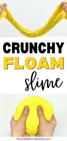 Hands playing with yellow slime containing foam beads, with the words "Crunchy Floam Slime" How To Make Crunchy Slime, Slime Recipe With Contact Solution, Floam Recipe, Make Slime At Home