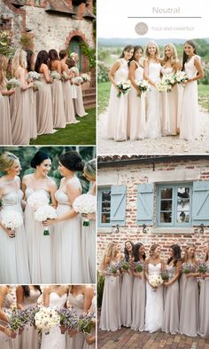 the bridesmaid dresses are all different styles and colors