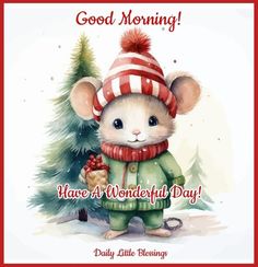 a greeting card with a mouse holding a teddy bear in front of a christmas tree