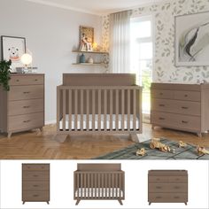 a baby crib and dresser in a room