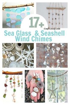 sea glass and seashell wind chimes collage with text overlay that reads 17 + sea glass & seashell wind chimes