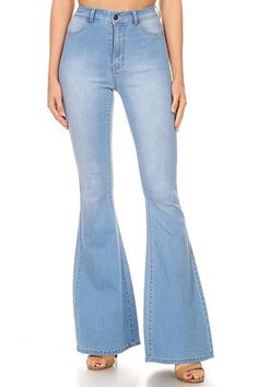 Light high waist stretch bell bottom jeans-Jeans-JC & JQ-Light Wash-GP3316-1-RK Collections Boutique Cute Outfits With Bell Bottoms, Bell Bottom Jeans Outfit Fall, High Waisted Bell Bottoms, Bell Bottom Jeans Outfit, Brown Fedora, Jeans Outfit Fall, Jeans Models, Blue Bell, Bottom Jeans