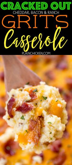 a spoon full of cheesy grits casserole with bacon and ranch