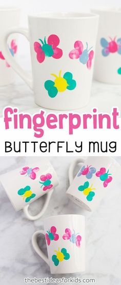 three coffee mugs with butterflies painted on them and the words fingerprint butterfly mug