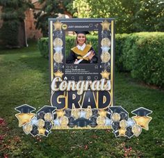 congratulations grad photo frame with graduation cap and gown