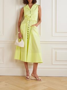 Saloni's 'Kirat' shirt dress reminds us of vintage styles. It's made from a lightweight cotton-blend in a vibrant 'Sunshine' shade and cinches in at the belted waist before falling to a full, gathered midi skirt. The notch collar adds a smart element, while the marled buttons create cool contrast. Designer Hair Accessories, Swimsuit Dress, Notch Collar, Style Cardigan, Midi Shirt Dress, Mode Fashion, Yellow Dress, Jeans Dress, Daily Outfits