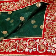 Dark Green Net Dupatta With Red Zari  Embroidered Border| Wedding Dupatta | Nikah Dupatta| Indian Bridal Dupatta | Fast Shipping Fabric: Net Work  : Thread, Sequins, Zari, Pearl, Beads Accessory: Stone Pattern: All over Sequins Zari embroidery. Color : Dark Green color Border: Red Zari Embroidered Lace  Boundary: Four sided Golden Pearl Lace  Border Color: Red Length : 2.24 m Width : 1.10 m Border:7 cm Weight:320 Gm Care: Dry clean only. Product color may slightly vary due to photographic lighting sources or your monitor settings. Do not claim regarding these matters. TheArticraftIndia Read the description and check the photographs before order. We mentioned dimensions in description. Product color may slightly vary due to photographic lighting sources or your monitor settings. Do not clai Bridal Dupatta, Light Salmon, Net Dupatta, Pearl And Lace, Gold Embroidery, Stone Pattern, Lace Border, Beaded Accessories, Embroidered Lace