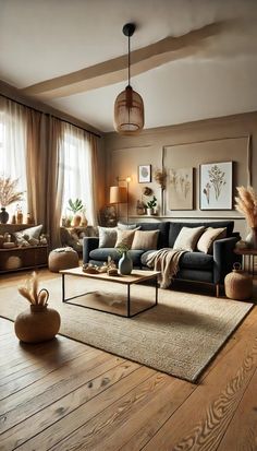 a living room filled with furniture and lots of wood flooring on top of a hard wood floor