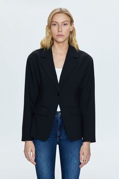 Modern suiting blazer, with a slight cropped fit and cinched waist silhouette for feminine proportions. Offered in an elevated, classic black hue. 76% Polyester / 19% Rayon / 5% Spandex Black Notched Blazer For Business Casual, Black Notched Blazer For Work, Black Notched Blazer For Semi-formal Occasions, Black Semi-formal Notched Blazer, Black Single Breasted Blazer With Notched Lapels, Sleek Black Blazer For Business Casual, La Life, Best Swimwear, Knit Jumpsuit