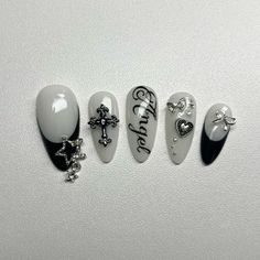 Black And White Cross Nails, Cross Charm Nails Acrylic, Goth Nail Art Designs, Elegant Goth Nails, Victoria Secret Nails Designs, Fallen Angel Nails, White Angel Nails, Black And White Nails Aesthetic, Chrome Heart Nails Designs