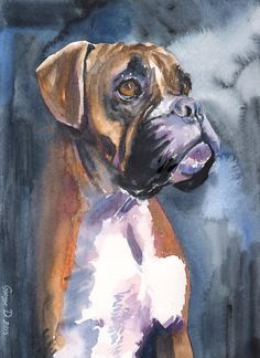 a painting of a brown and white dog