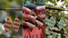 three different pictures of earrings hanging from a tree branch, one is made out of seed beads and the other is beaded