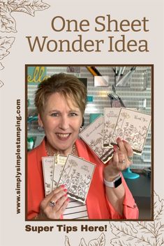 a woman holding up some cards in front of her face with the words, one sheet wonder