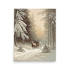 a painting of a horse drawn carriage on a snowy road in the woods with pine trees