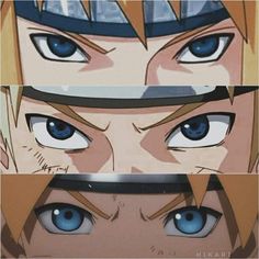 three different images of anime eyes with one being blue