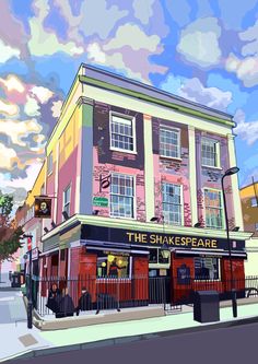 an artistic painting of a shakespeare's theatre on the corner of a city street