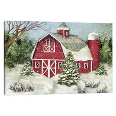 a painting of sheep in front of a red barn with a christmas tree and snow on the ground