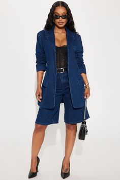 Blazer Collar, Unique Top, Denim Short, Jeans Jumpsuit, Polyester Top, Short Set, Dark Wash Denim, Matching Dresses, Matching Sets