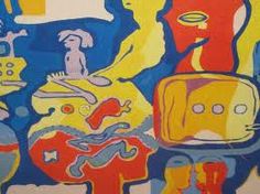 an abstract painting with many different colors and shapes on it's surface, including a yellow toaster