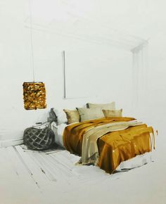 a painting of a bed in a white room with yellow sheets and blankets on it