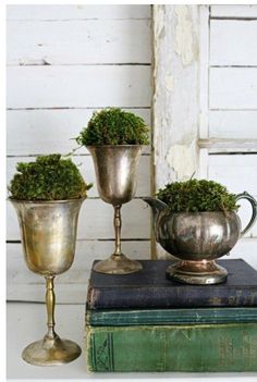 two silver vases sitting on top of a book next to each other with moss growing in them