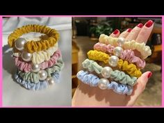 three different types of bracelets with pearls and bows on each one hand, the other is