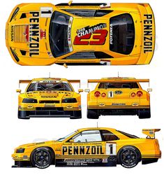 the yellow race car is shown in three different views, including the front and back