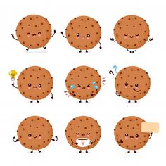 a set of cartoon chocolate chip cookies with different expressions and gestures, including one holding a light bulb