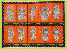 an art work with different types of people in orange and green colors, including the names of