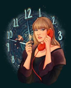 a woman holding a red telephone in front of a clock