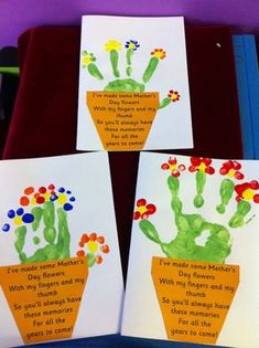 three cards with handprints on them that say they are happy and have flowers in them