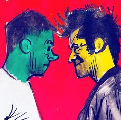 two men are facing each other in front of a red background with yellow and green colors