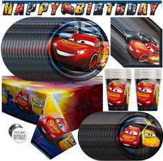 cars birthday party supplies including plates, napkins and cups with the characters from disney pixa