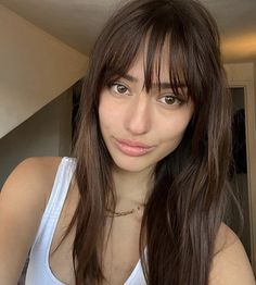 Low Maintenance Fringe Bangs, Bangs With Long Brown Hair, Fru Fru Hairstyles, Bangs Front View, Bangs And Brown Hair, Straight Hairstyles Bangs, Straight Brown Hair With Bangs, Whispy Front Fringe, Soft Bangs Long Hair