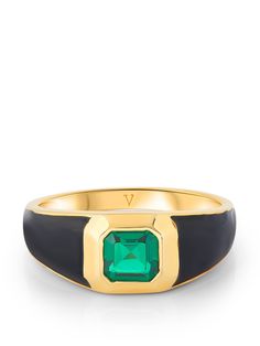 The Gypsy ring has been given a modern update with a wash of tonal hand painted enamel. The Sophie Enamel Signet Ring features hand painted black enamel and is set with an emerald green cubic zirconia central stone. Wear this ring on its own or paired with your other V favourites for the perfect curated look. Crafted from 18 carat gold plated vermeil, hand painted green enamel and set with a sapphire blue cubic zirconia. Width: Approx. 8mm. Material: 18ct Gold Vermeil. Stone type and amount: Emerald Green Cubic Zirconia. Emerald Signet Ring, Emerald Green Stone, Ring With Emerald, Luxury Christmas Gifts, Green Stone Rings, Vintage Style Rings, Spring Makeup, Green Enamel, Contemporary Jewellery