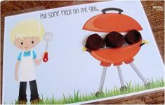 a card with an image of a boy cooking food on a bbq grill and holding a spatula