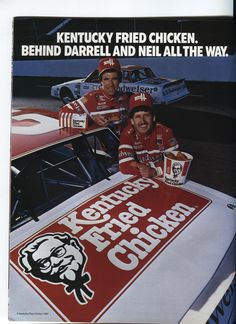 an advertisement for the kentucky fried chicken company featuring two men in front of a car