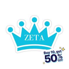 a blue sticker with the word zeta on it and a crown for sale