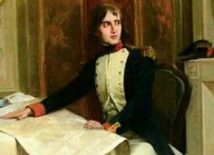 a painting of a man in uniform sitting at a table with a map on it