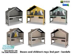 the children's play house is made out of wood and has multiple different types of roof