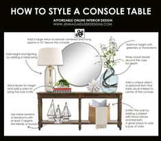 a table with a mirror, lamp and other items on it that are labeled in the text below