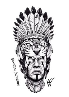 a black and white drawing of a native american man's face with feathers on his head