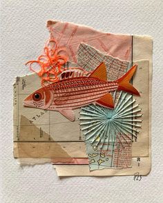 an altered photograph of a fish on top of a piece of paper with orange ribbon