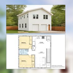 the floor plan for a two story house with an attached garage and living room area