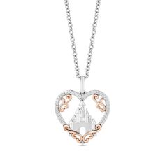 Bring your style dreams to life with this romantic diamond heart pendant from the Enchanted Disney Fine Jewelry Collection. Crafted in sterling silver This open-worked design showcases a turreted castle inside a diamond-lined heart-shaped border. Scrolling ribbons in 10K rose gold add fairytale detail. The 1/10 ct. t.w. diamond pendant suspends along a 17.0-inch cable chain with 2.0-inch extender that secures with a spring-ring clasp. ©Disney Silver Disney Jewelry For Valentine's Day, Disney Silver Jewelry For Valentine's Day, Disney Style Silver Jewelry For Valentine's Day, Disney Silver Jewelry For Anniversary, Disney Heart Shaped Jewelry Gift, Disney Heart-shaped Jewelry Gift, Enchanted Disney, Enchanted Disney Fine Jewelry, Disney Fine Jewelry